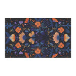 Botanical Bliss Floral Design Cotton Kitchen Towel landscape flat lay, dark navy symmetrical orange-blue botanical floral pattern full view
