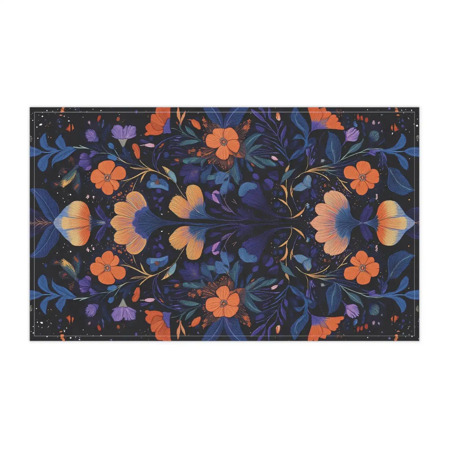 Botanical Bliss Floral Design Cotton Kitchen Towel landscape flat lay, dark navy symmetrical orange-blue botanical floral pattern full view