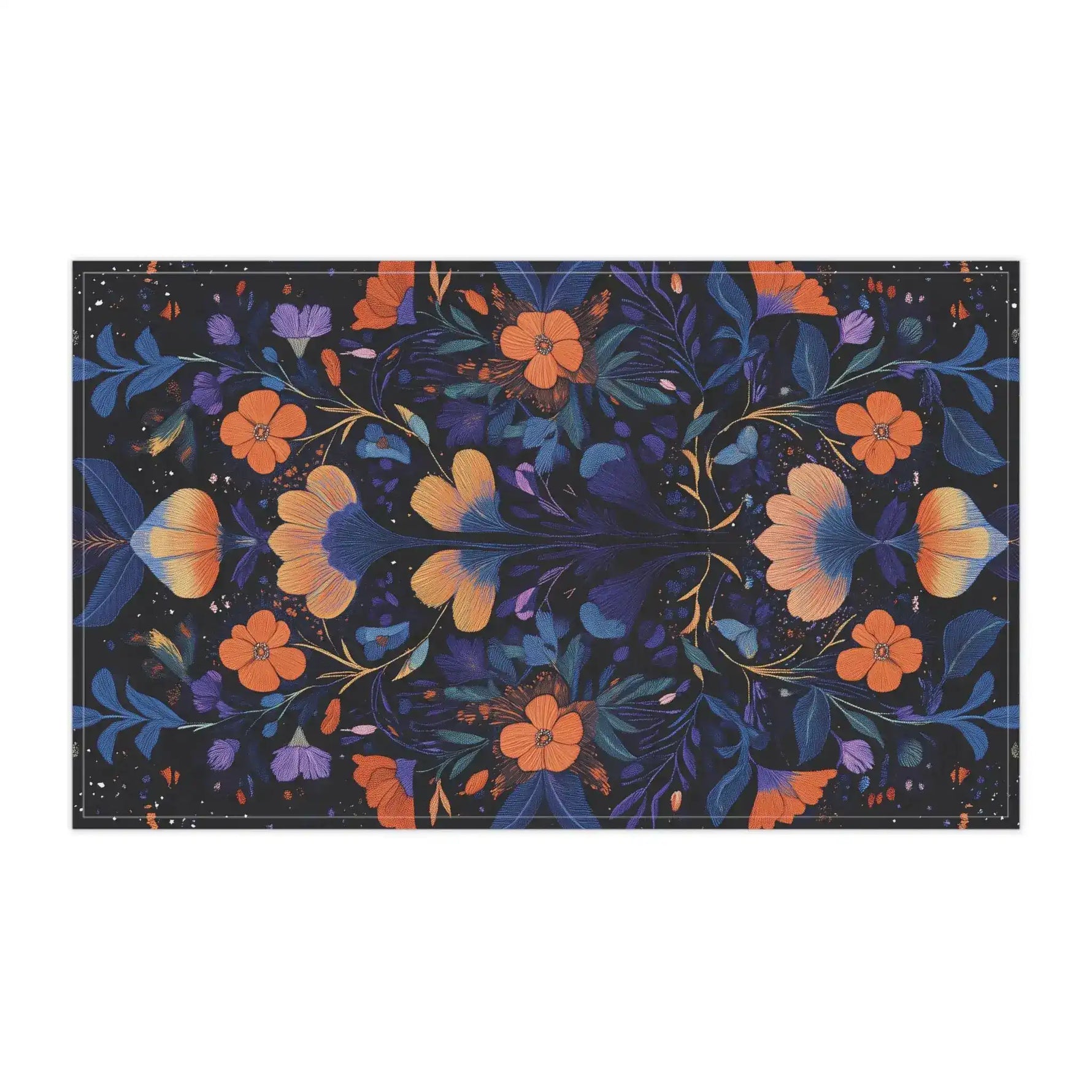 Botanical Bliss Floral Design Cotton Kitchen Towel landscape flat lay, dark navy symmetrical orange-blue botanical floral pattern full view