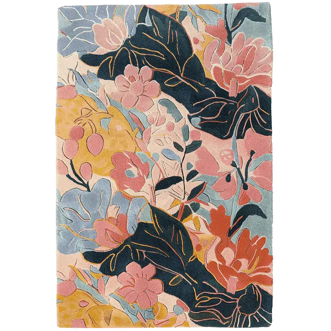 Vibrant Botanical Bliss Hand Tufted Area Rug showcasing a stunning floral design. This wool rug features a mix of pink, blue, and yellow flowers, perfect for adding a touch of elegance to your living room decor. Ideal for those seeking area rugs for living room with a natural, floral charm.