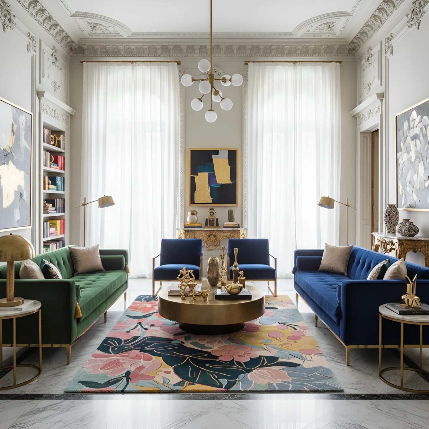 Luxurious living room with blue and green sofas, gold coffee table, a contemporary wool rug, and decorative elements.