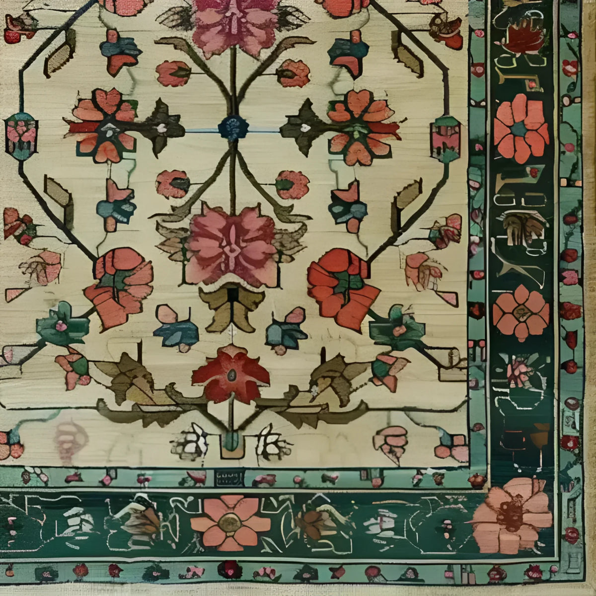 Close-up of the Botanical Bliss Medium Hand Knotted Wool Rug showcasing its intricate floral patterns in rich colors. This vintage-inspired area rug is perfect for adding elegance to any dining room or living room, blending Persian rug charm with modern wool rug quality.
