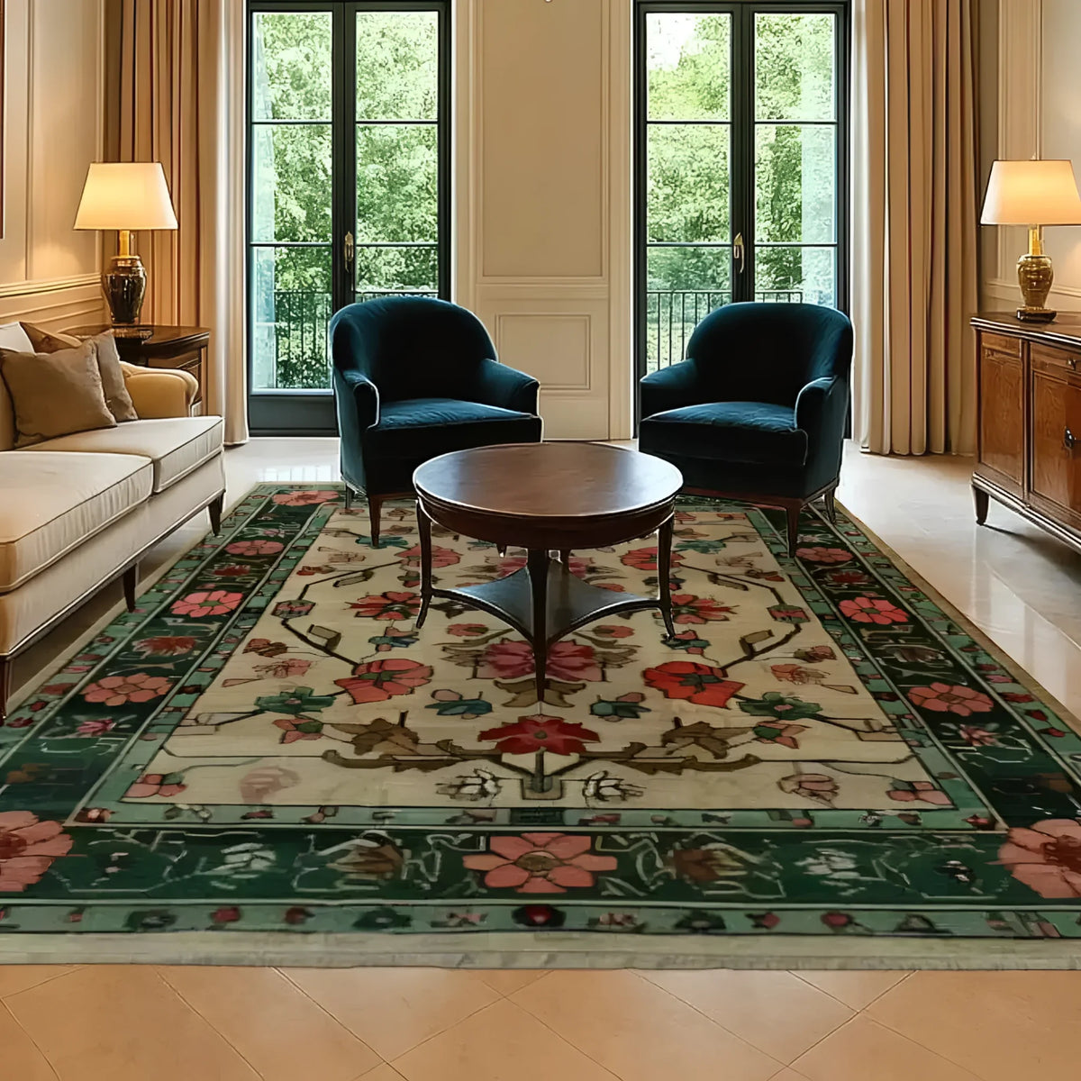 Elegant Botanical Bliss Medium Hand Knotted Wool Rug in a sophisticated living room setting. This area rug, featuring intricate floral patterns reminiscent of Persian rugs, adds a touch of vintage charm and warmth. Perfect for dining room carpets and rugs for living room spaces, enhancing the cozy ambiance with its luxurious wool texture.