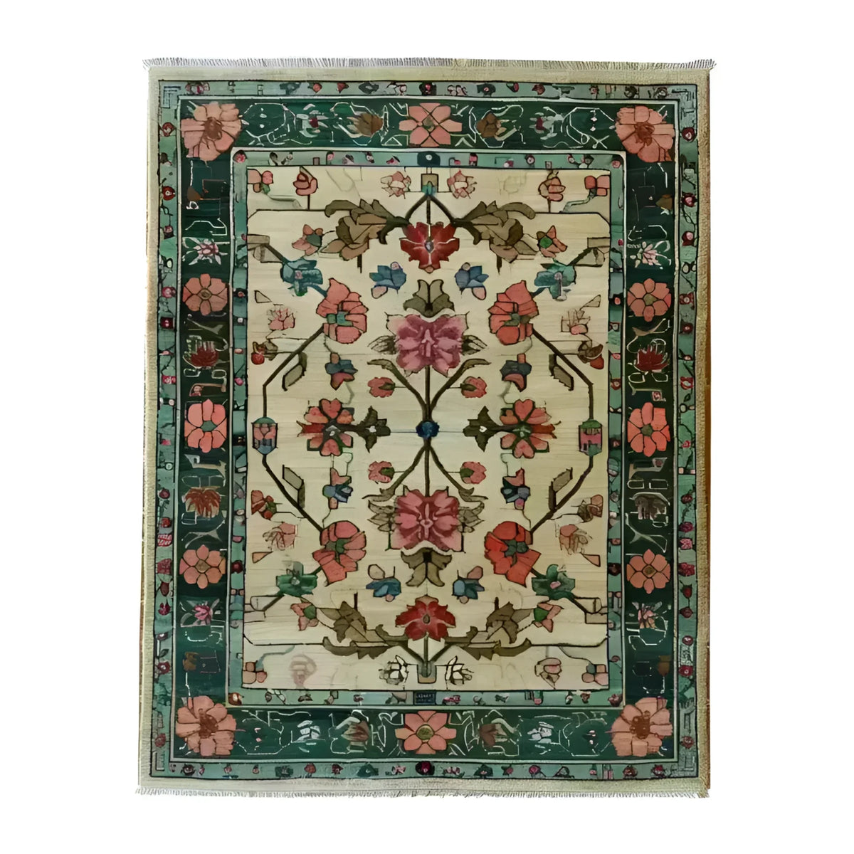 A beautifully designed Botanical Bliss Medium Hand Knotted Wool Rug featuring intricate floral patterns in vibrant colors, perfect for adding elegance to a living room. This large area rug, reminiscent of traditional Persian rugs, measures 8x10 and showcases a harmonious blend of reds, greens, and blues, making it a stunning centerpiece for any space.