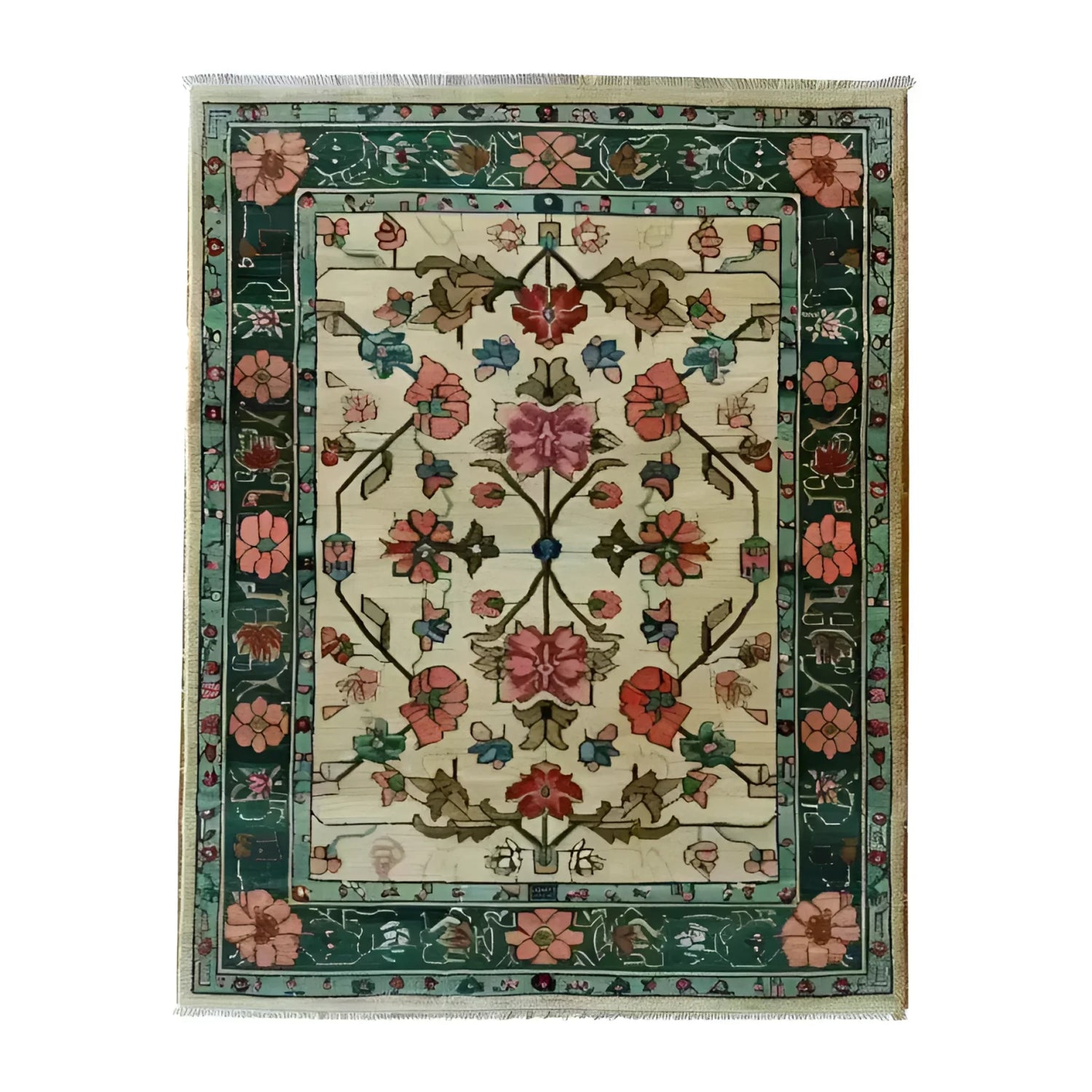 A beautifully designed Botanical Bliss Medium Hand Knotted Wool Rug featuring intricate floral patterns in vibrant colors, perfect for adding elegance to a living room. This large area rug, reminiscent of traditional Persian rugs, measures 8x10 and showcases a harmonious blend of reds, greens, and blues, making it a stunning centerpiece for any space.