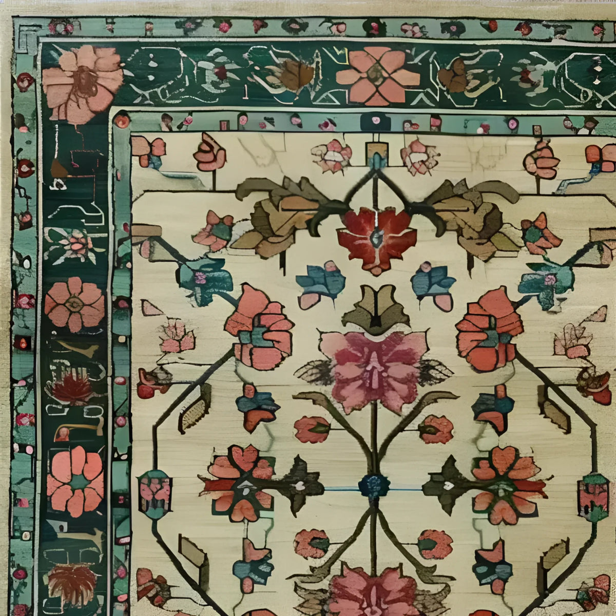 Close-up view of the Botanical Bliss Medium Hand Knotted Wool Rug, showcasing intricate floral patterns in vibrant colors. This Persian-style vintage rug, perfect for dining room carpets or as a centerpiece in living room decor, highlights the elegance of wool rugs with its exquisite design.
