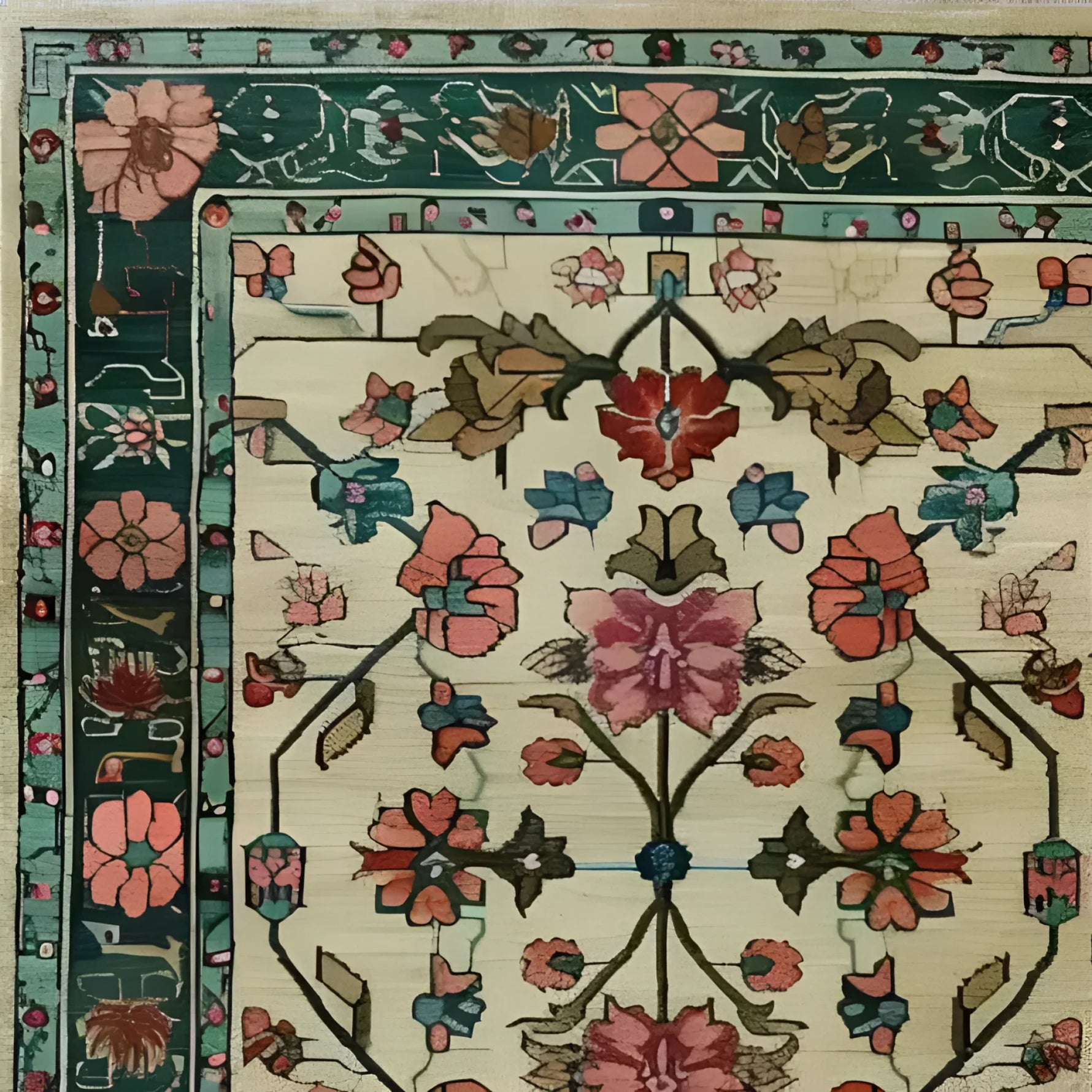 Close-up view of the Botanical Bliss Medium Hand Knotted Wool Rug, showcasing intricate floral patterns in vibrant colors. This Persian-style vintage rug, perfect for dining room carpets or as a centerpiece in living room decor, highlights the elegance of wool rugs with its exquisite design.
