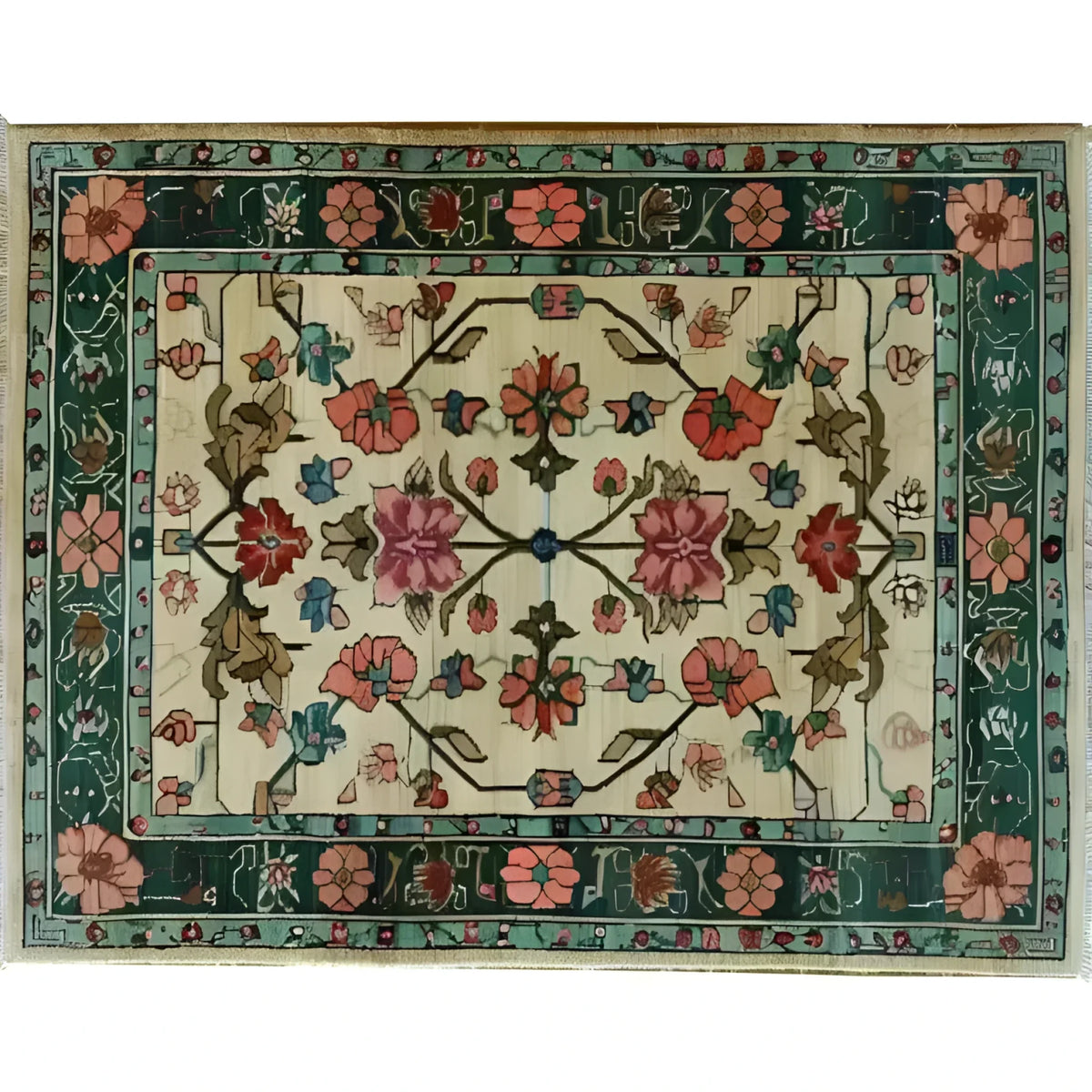 Elegant Botanical Bliss Medium Hand Knotted Wool Area Rug featuring a vintage Persian floral design. Perfect for adding charm to living rooms or dining rooms, this floral rug showcases intricate patterns with rich colors and detailed craftsmanship.