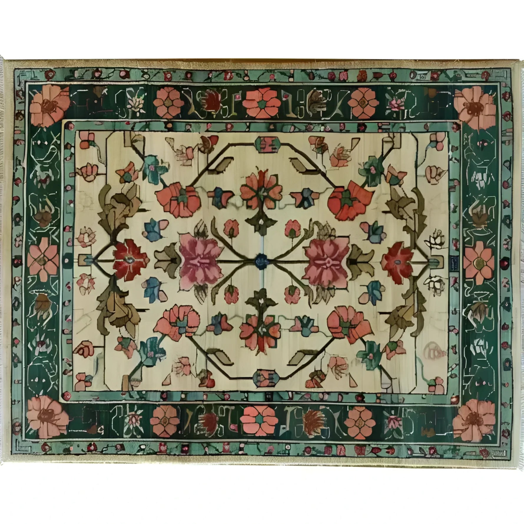 Elegant Botanical Bliss Medium Hand Knotted Wool Area Rug featuring a vintage Persian floral design. Perfect for adding charm to living rooms or dining rooms, this floral rug showcases intricate patterns with rich colors and detailed craftsmanship.