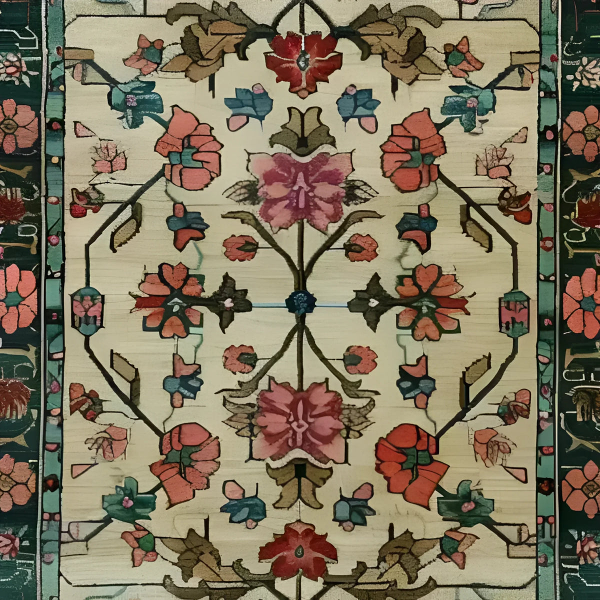 A beautifully detailed Botanical Bliss Medium Hand Knotted Wool Rug showcasing intricate floral patterns in vibrant colors, perfect for enhancing dining room aesthetics. This vintage Persian rug, ideal for living rooms, features traditional designs that bring warmth and elegance to any space.