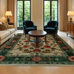 Elegant Botanical Bliss Medium Hand Knotted Wool Rug in a sophisticated living room setting. This area rug, featuring intricate floral patterns reminiscent of Persian rugs, adds a touch of vintage charm and warmth. Perfect for dining room carpets and rugs for living room spaces, enhancing the cozy ambiance with its luxurious wool texture.