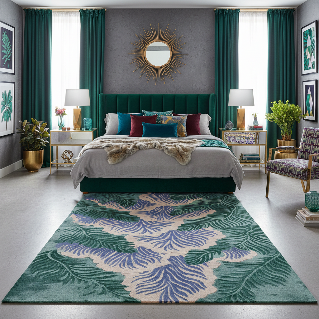 Modern bedroom with green upholstered bed, decorative pillows, and a leaf-patterned rug.