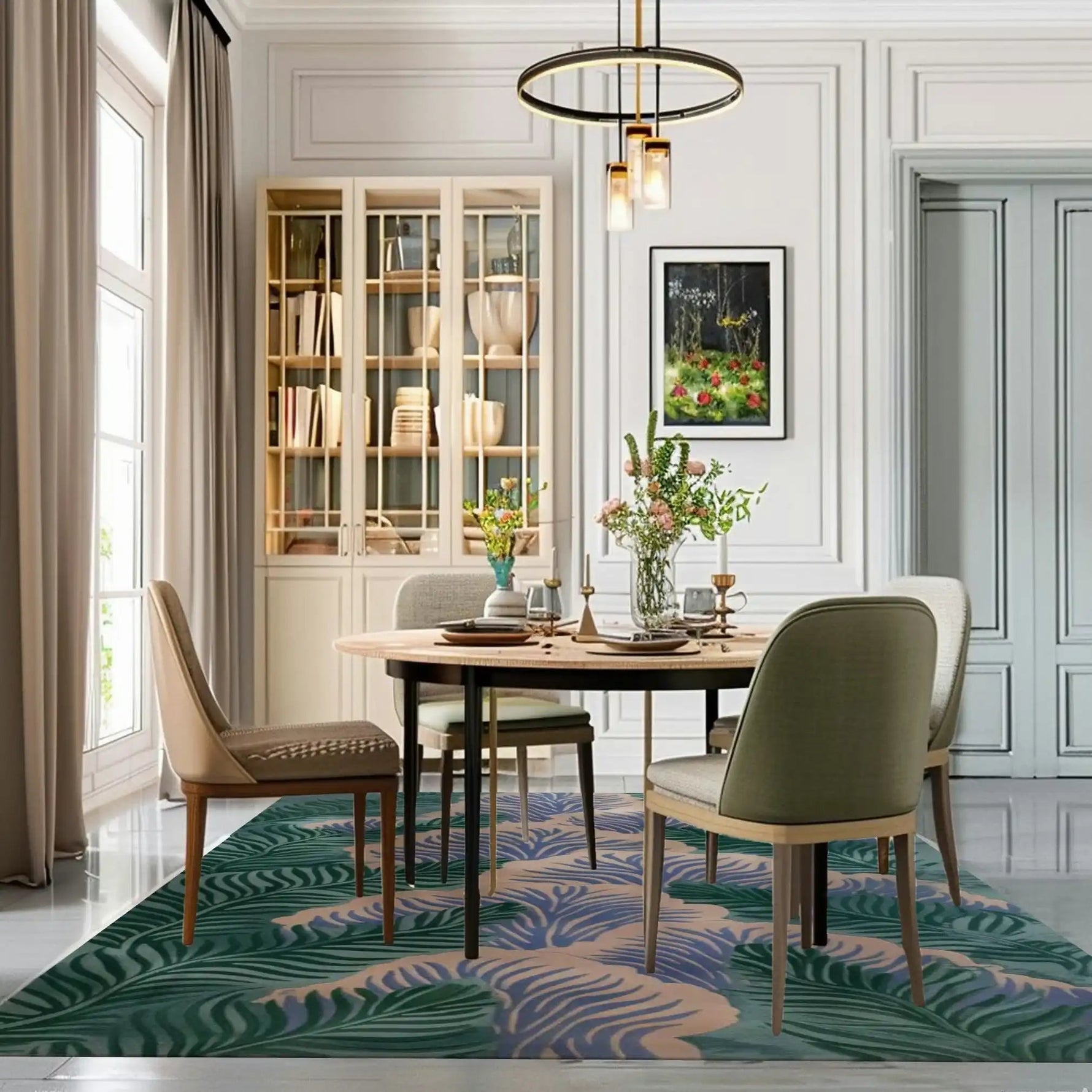 A stylish living room featuring a Botanical Dream Hand Tufted Wool Rug. This large area rug, sized 8x10, showcases an elegant botanical pattern, enhancing the cozy ambiance of the space. Perfect for large living rooms, this wool rug complements the modern decor with its vibrant colors and intricate design.