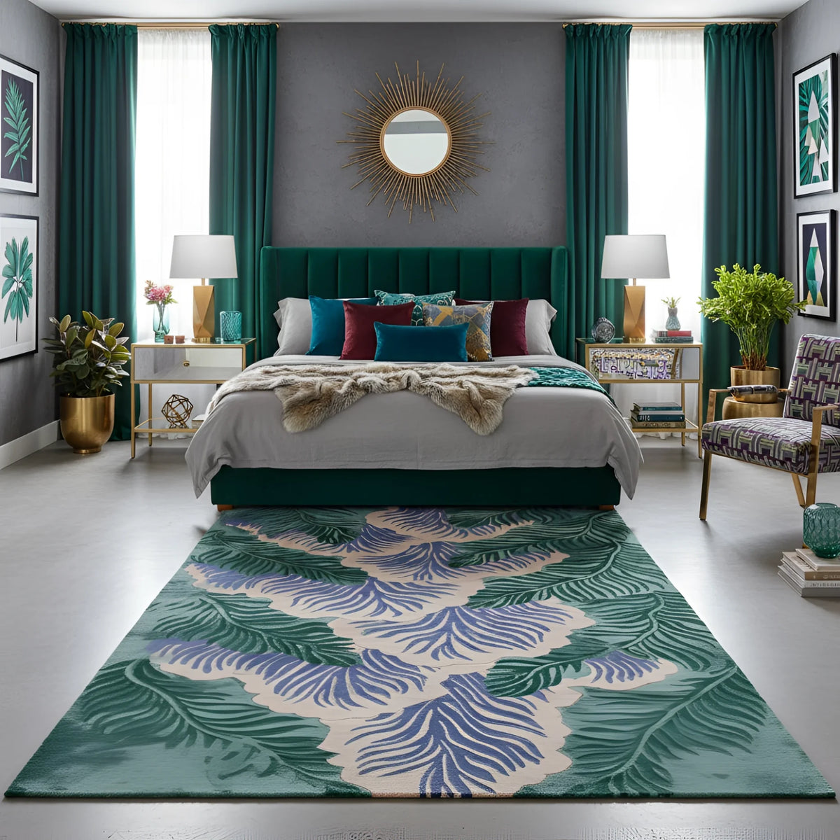 Modern bedroom with green upholstered bed, decorative pillows, and a leaf-patterned rug.