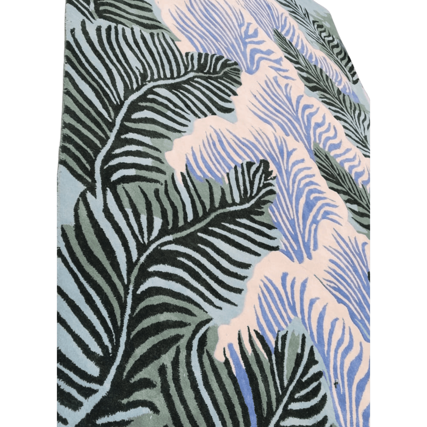 Botanical dream hand-tufted wool rug, plush fern leaf motifs in green, periwinkle and cream