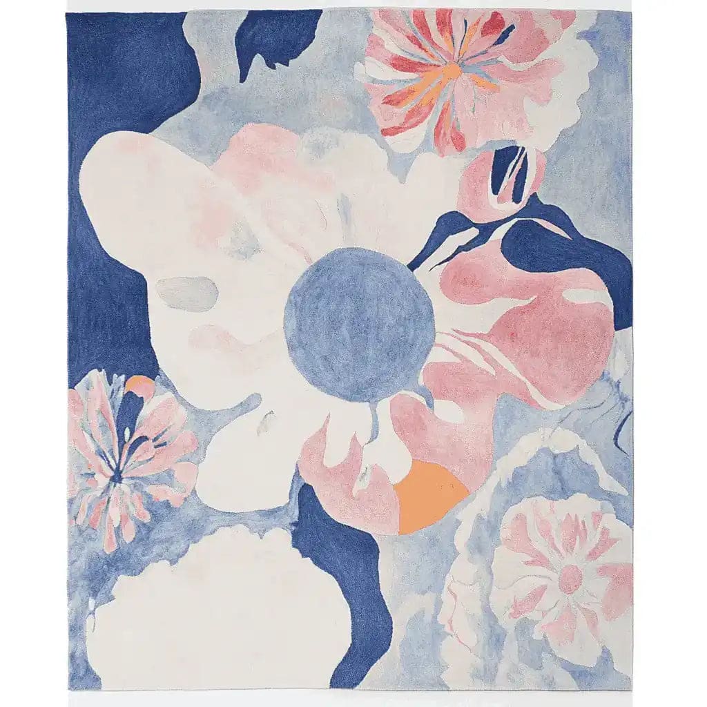 Bright and colorful Botanical Dream Tapestry Hand Tufted Area Rug featuring abstract floral patterns in pink, blue, and white hues. This contemporary rug, made of wool, is perfect for adding a vibrant touch to any living room space.