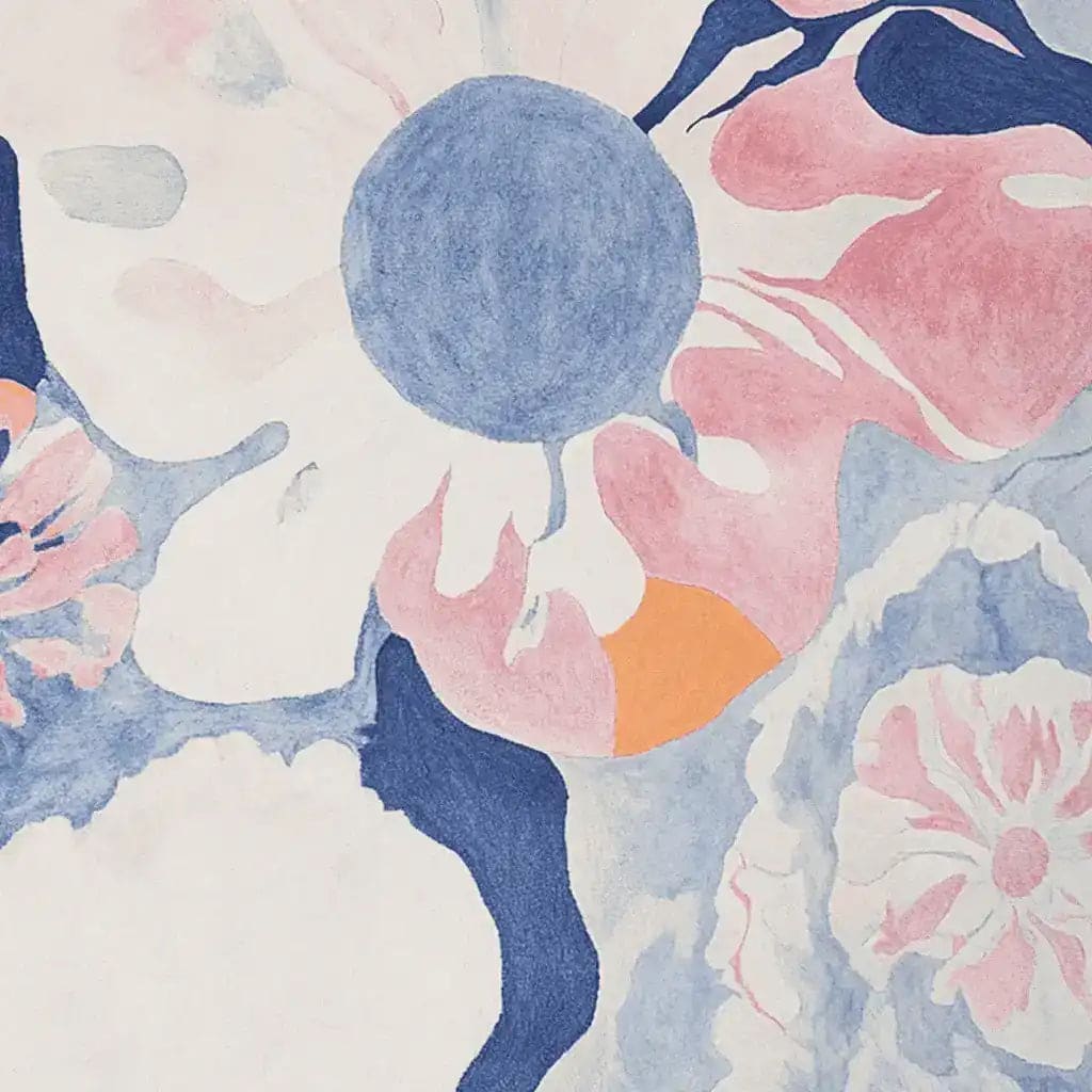 This hand-tufted area rug features a contemporary abstract floral design in soothing pastel shades of blue, pink, and orange. Ideal for adding a touch of elegance to your living room, this wool rug offers both comfort and style.