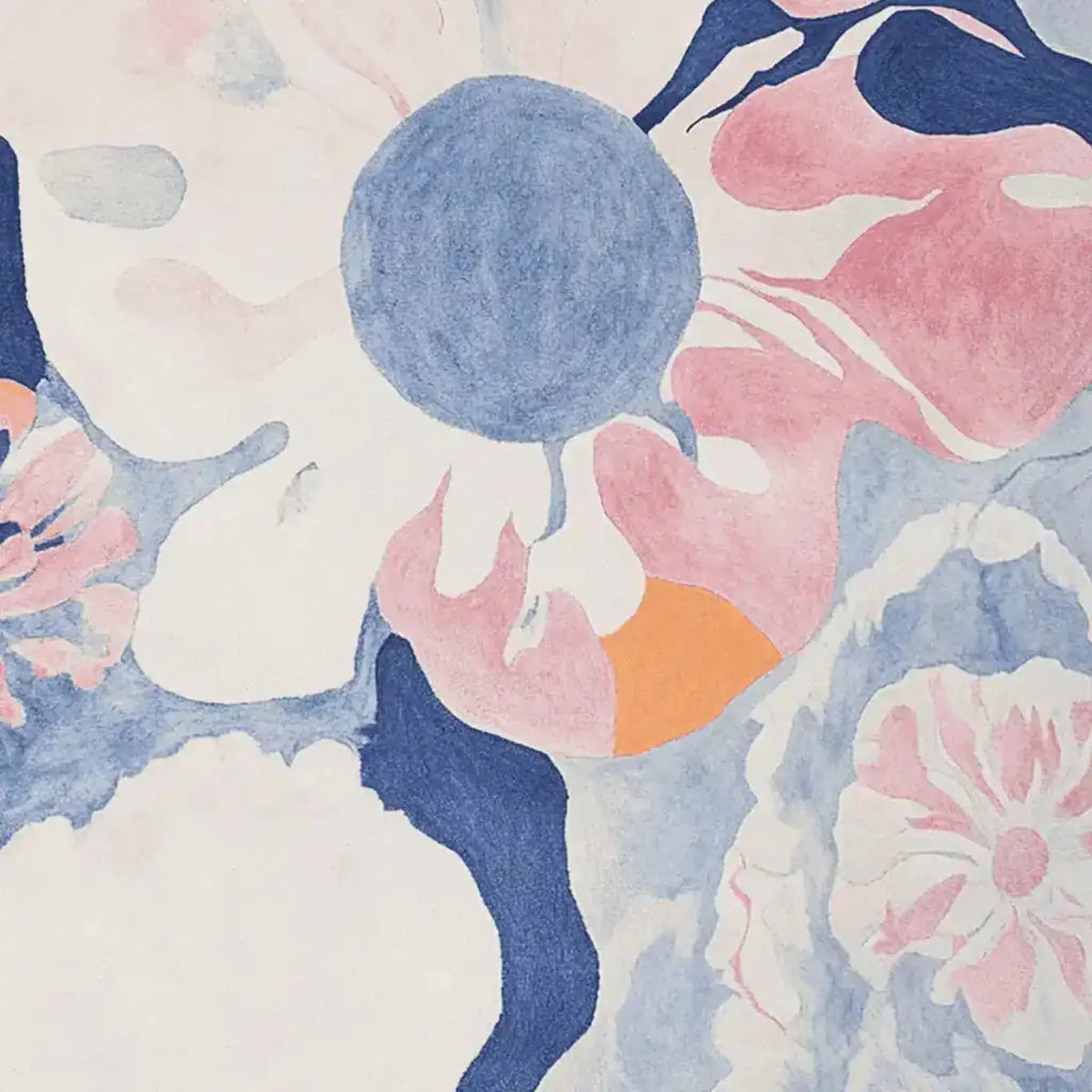 This hand-tufted area rug features a contemporary abstract floral design in soothing pastel shades of blue, pink, and orange. Ideal for adding a touch of elegance to your living room, this wool rug offers both comfort and style.