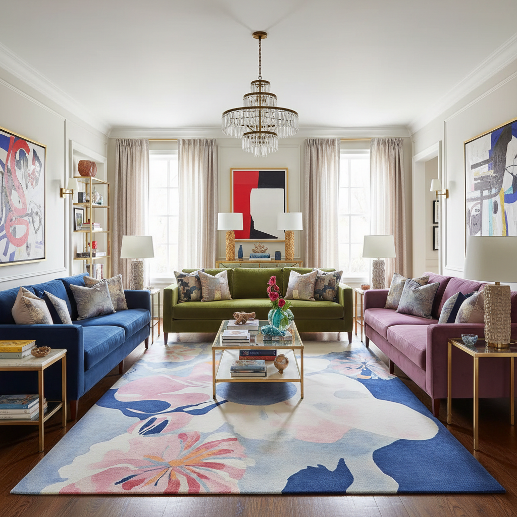 Living room with colorful furniture and a floral rug