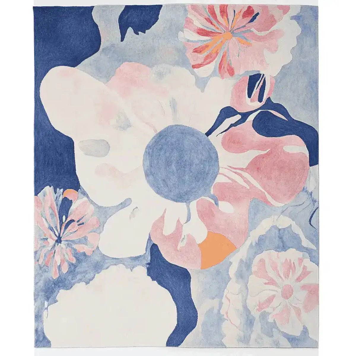 Bright and colorful Botanical Dream Tapestry Hand Tufted Area Rug featuring abstract floral patterns in pink, blue, and white hues. This contemporary rug, made of wool, is perfect for adding a vibrant touch to any living room space.