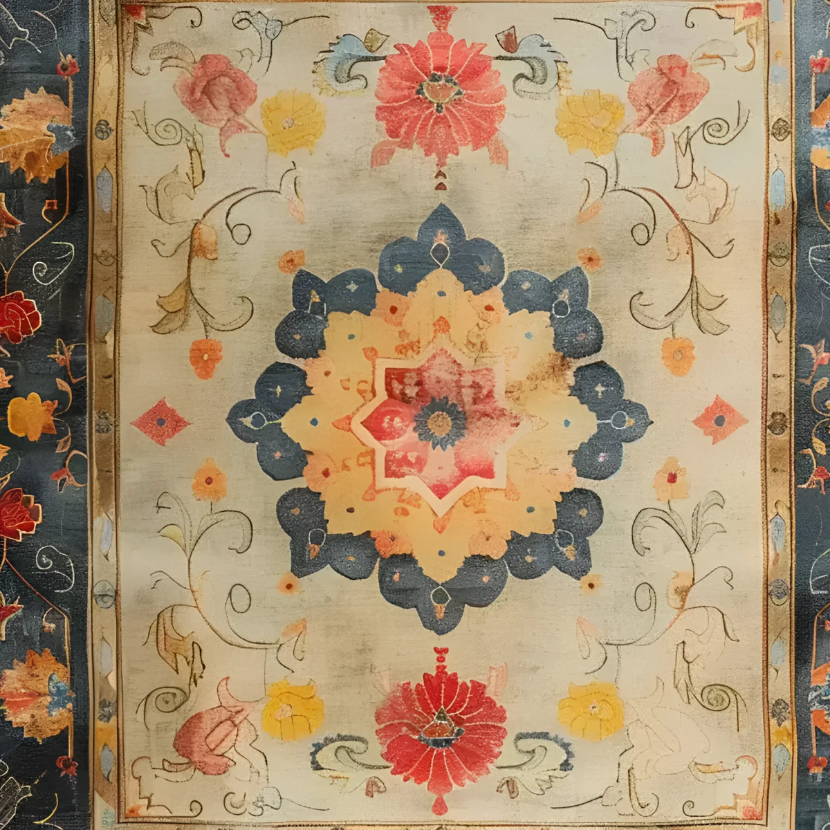 A beautifully intricate Botanical Grace Wool Hand Knotted Area Rug featuring a classic Persian rug design. The rug displays a vintage-inspired floral pattern with vibrant reds, blues, and yellows, making it a standout piece for large living rooms. Perfect as a living room rug in 8x10 dimensions, this floral rug adds elegance and timeless style.