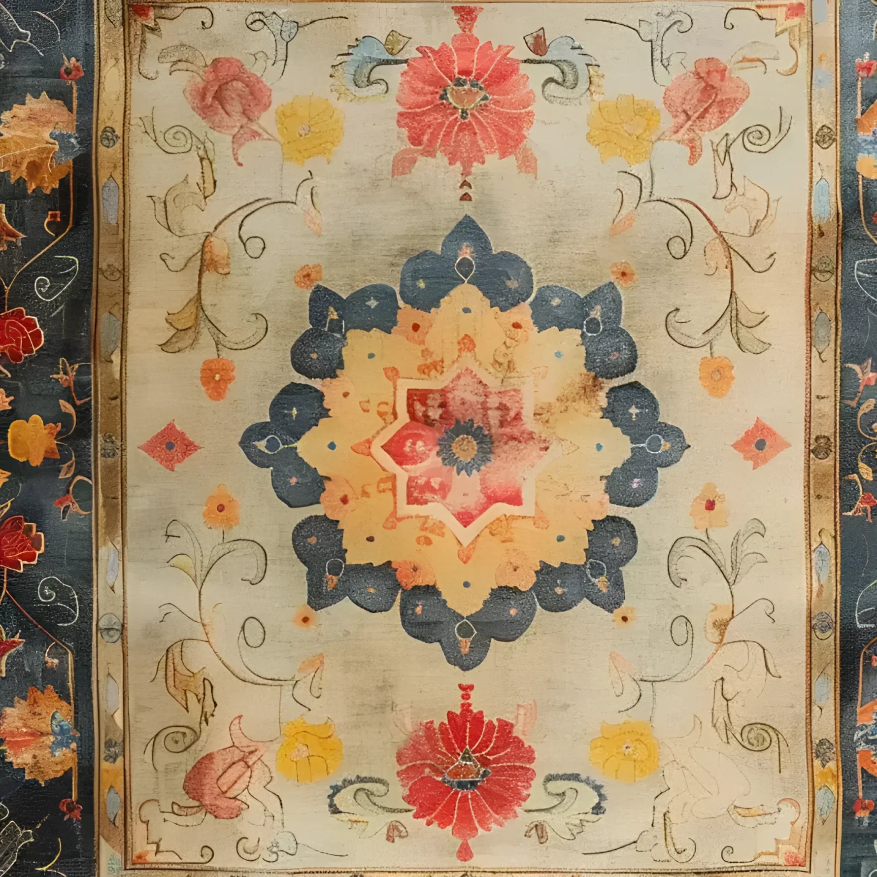 A beautifully intricate Botanical Grace Wool Hand Knotted Area Rug featuring a classic Persian rug design. The rug displays a vintage-inspired floral pattern with vibrant reds, blues, and yellows, making it a standout piece for large living rooms. Perfect as a living room rug in 8x10 dimensions, this floral rug adds elegance and timeless style.