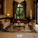 Elegant living room featuring a Botanical Grace Wool Hand Knotted Area Rug, showcasing a vibrant floral pattern reminiscent of vintage Persian rugs. This large living room rug, sized 8x10, adds a touch of grace and charm with its intricate design, making it a perfect centerpiece for any classic interior.