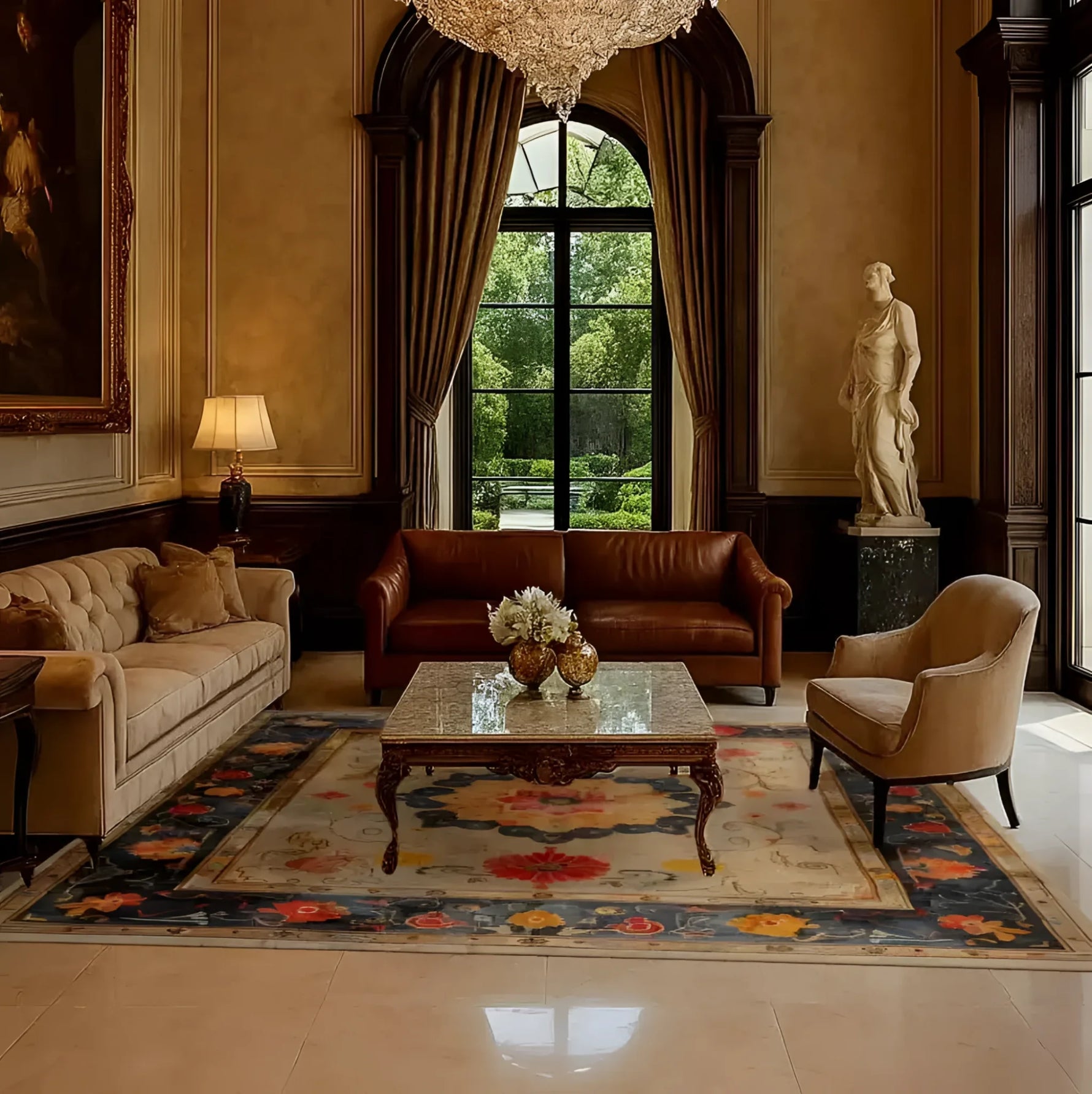 Elegant living room featuring a Botanical Grace Wool Hand Knotted Area Rug, showcasing a vibrant floral pattern reminiscent of vintage Persian rugs. This large living room rug, sized 8x10, adds a touch of grace and charm with its intricate design, making it a perfect centerpiece for any classic interior.