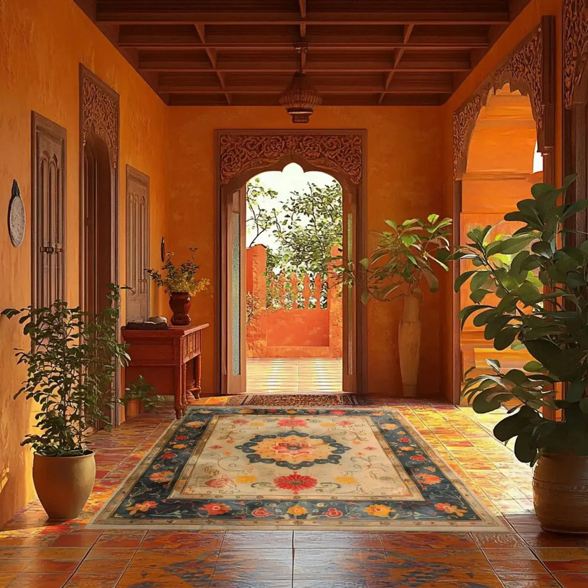 This stunning Botanical Grace Wool Hand Knotted Area Rug adds a touch of elegance to a warmly lit hallway. The rug features intricate floral patterns reminiscent of classic Persian rugs. Perfect for living rooms, this 8x10 vintage rug showcases rich colors and an ornate design, making it an ideal choice for those seeking large living room rugs with a floral motif.