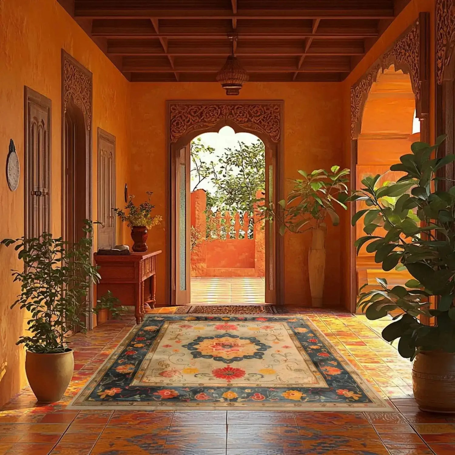 This stunning Botanical Grace Wool Hand Knotted Area Rug adds a touch of elegance to a warmly lit hallway. The rug features intricate floral patterns reminiscent of classic Persian rugs. Perfect for living rooms, this 8x10 vintage rug showcases rich colors and an ornate design, making it an ideal choice for those seeking large living room rugs with a floral motif.