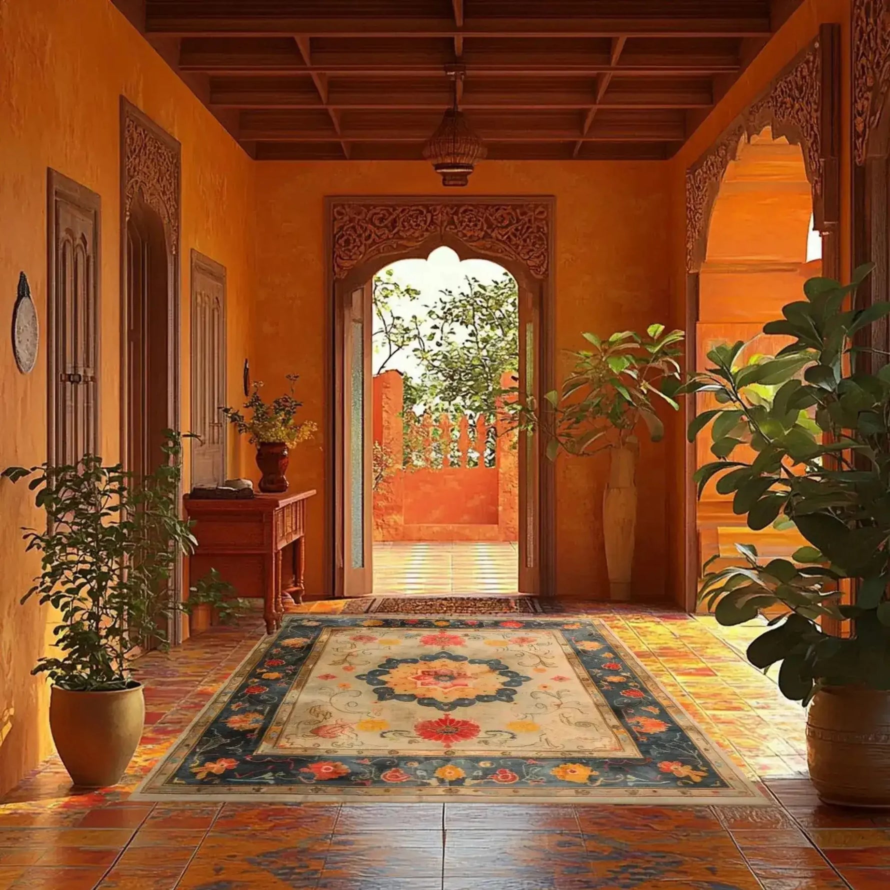 This stunning Botanical Grace Wool Hand Knotted Area Rug adds a touch of elegance to a warmly lit hallway. The rug features intricate floral patterns reminiscent of classic Persian rugs. Perfect for living rooms, this 8x10 vintage rug showcases rich colors and an ornate design, making it an ideal choice for those seeking large living room rugs with a floral motif.