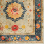 A stunning Botanical Grace Wool Hand Knotted Area Rug showcasing a rich floral design, perfect for adding a touch of elegance to any living space. This vintage rug features intricate patterns inspired by Persian rugs, with vibrant colors that make it an ideal large living room rug. The central medallion is surrounded by an intricate border, making it a perfect choice for those seeking a unique floral rug in an 8x10 size.