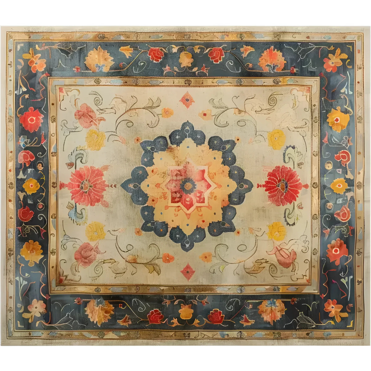 This elegant Botanical Grace Wool Hand Knotted Area Rug showcases a stunning vintage Persian design. Rich floral motifs in vibrant reds, blues, and yellows adorn the rug, making it perfect for adding a touch of classic charm to large living rooms. Ideal as an 8x10 living room rug, this piece combines timeless beauty with modern sophistication.