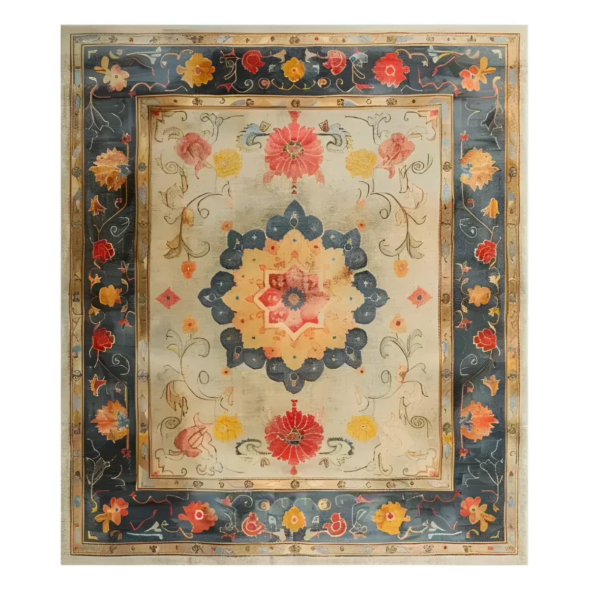 Elegant Botanical Grace Wool Hand Knotted Area Rug featuring vibrant floral patterns with intricate detailing against a rich blue and beige background, showcasing exquisite craftsmanship.