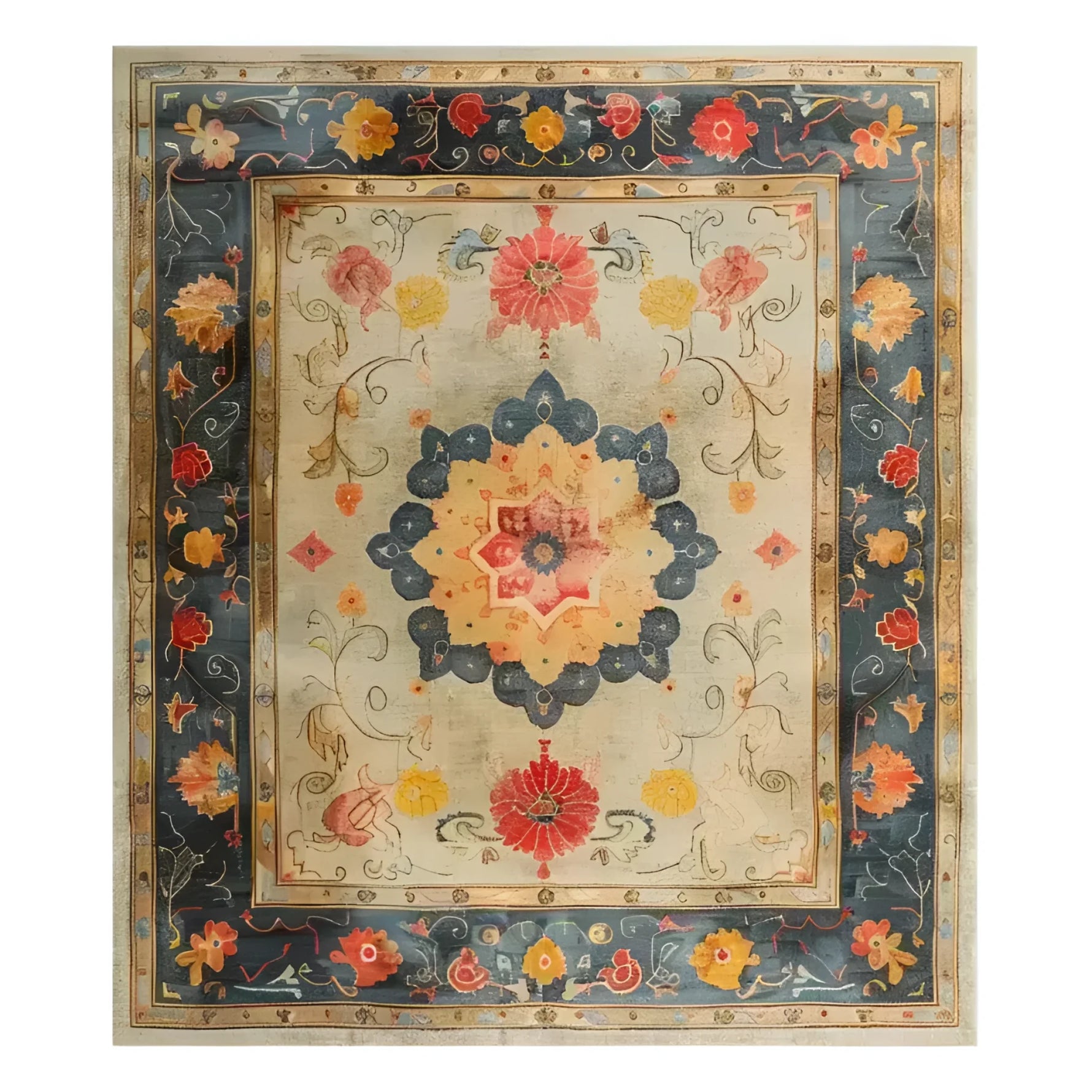 Elegant Botanical Grace Wool Hand Knotted Area Rug featuring vibrant floral patterns with intricate detailing against a rich blue and beige background, showcasing exquisite craftsmanship.