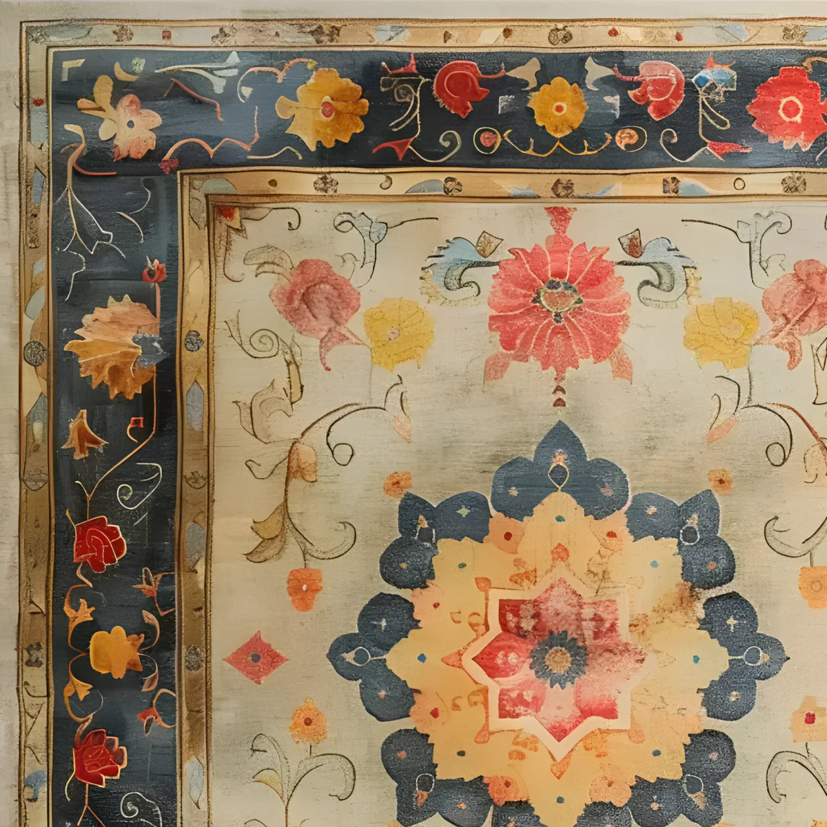 Close-up view of the Botanical Grace Wool Hand Knotted Area Rug showcasing intricate floral patterns. This vintage rug features a vibrant mix of red, yellow, and blue hues against a classic Persian design. Perfect as a living room rug 8x10, it adds elegance and charm to any large living space.