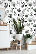 Botanical Herbs and Ferns Minimalist White Illustrated Wallpaper