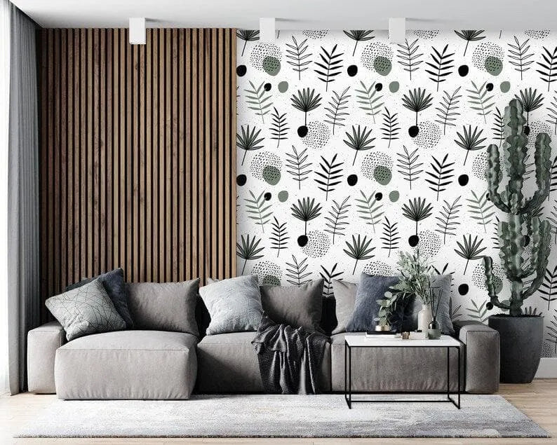 Botanical Herbs and Ferns Minimalist White Illustrated Wallpaper