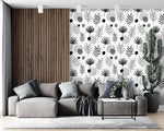 Botanical Herbs and Ferns Minimalist White Illustrated Wallpaper