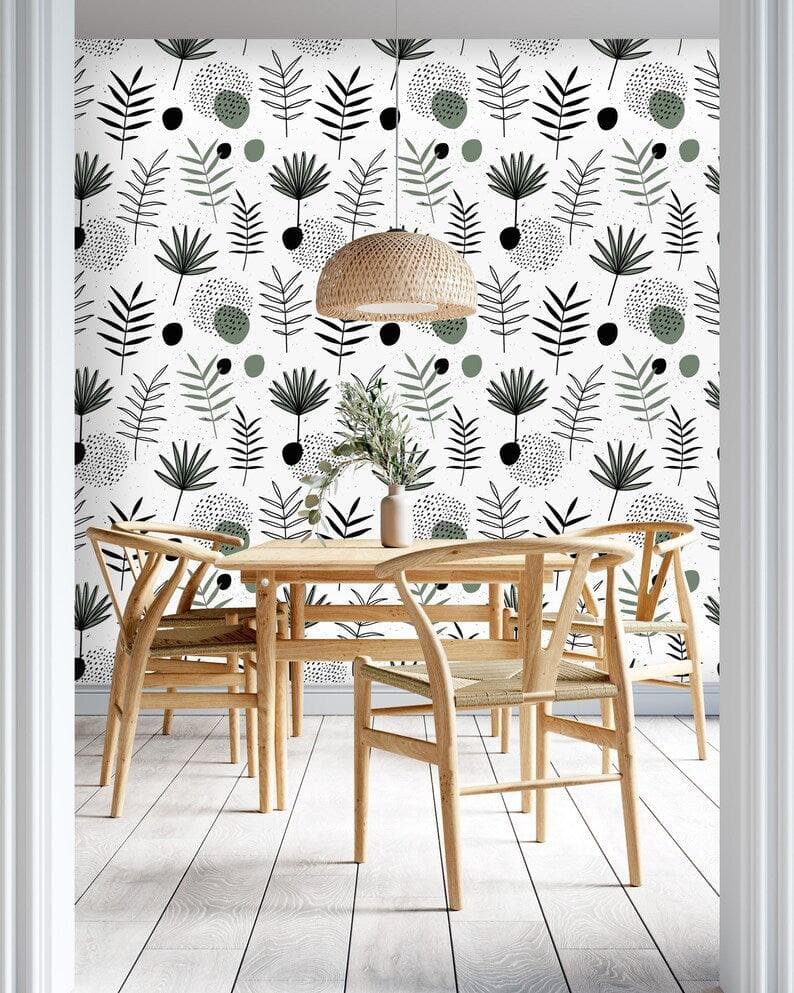 Botanical Herbs and Ferns Minimalist White Illustrated Wallpaper