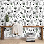 Botanical Herbs and Ferns Minimalist White Illustrated Wallpaper