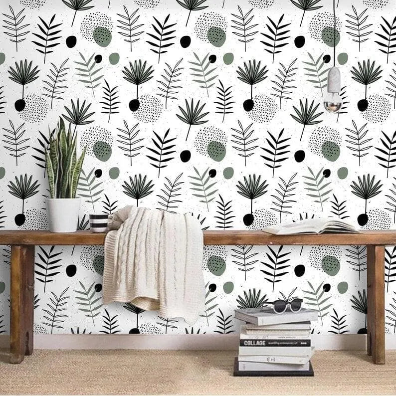 Botanical Herbs and Ferns Minimalist White Illustrated Wallpaper