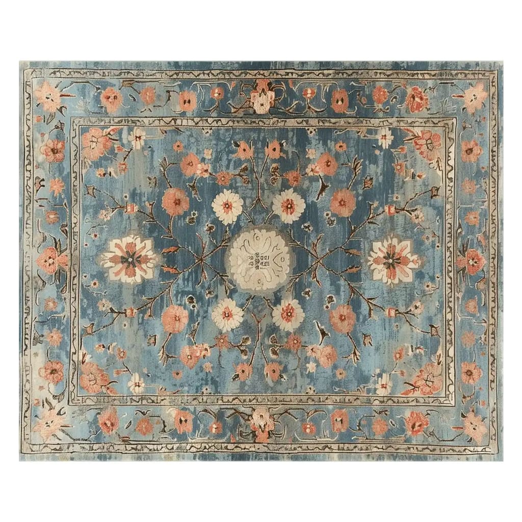 Top view of a beautifully crafted Botanical Majesty Hand Tufted Wool Area Rug showcasing intricate floral patterns in soft blue and warm earthy tones, perfect for adding elegance to any room.