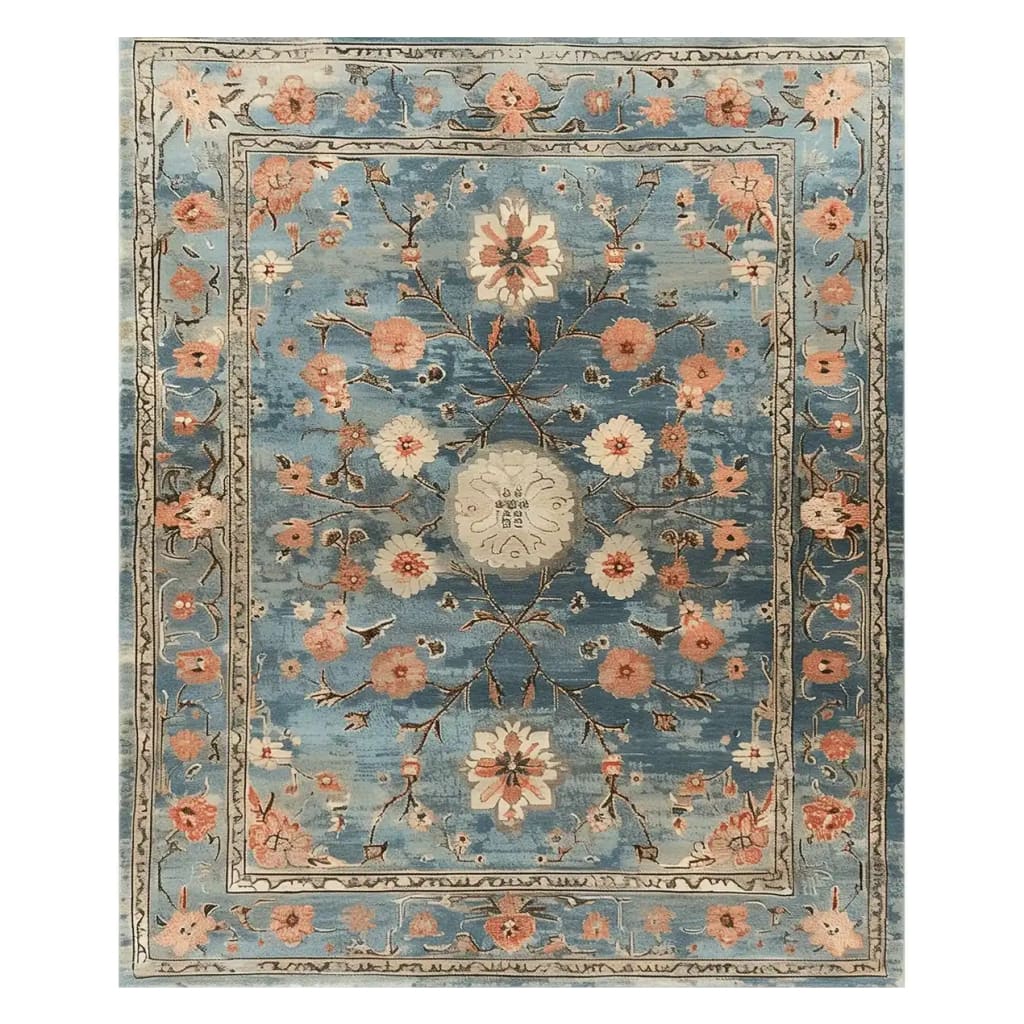 The Botanical Majesty Hand Tufted Wool Rug showcases an elegant floral design with intricate patterns on a calming blue background. This area rug adds a touch of sophistication and warmth to any room, combining traditional charm with modern aesthetics.