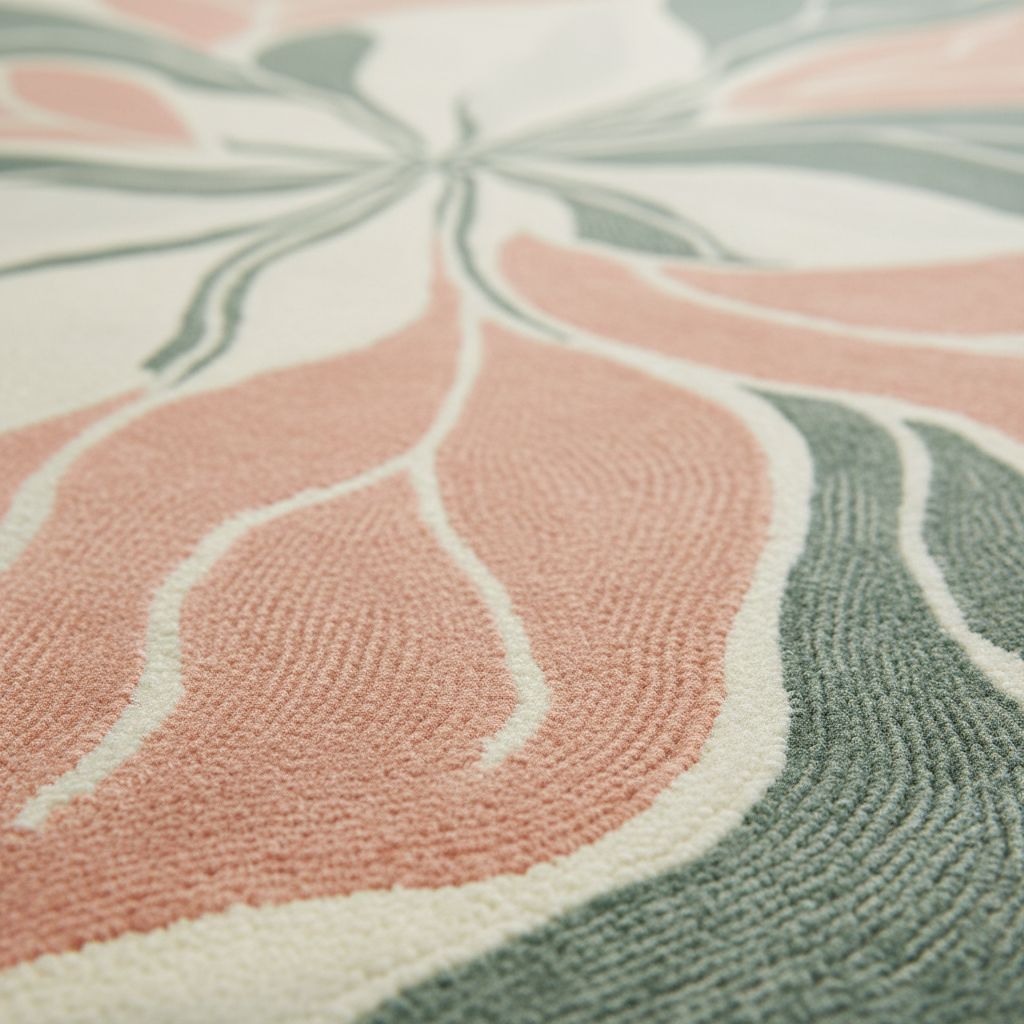 Close-up of a textured rug with floral pattern in pink, green, and white.