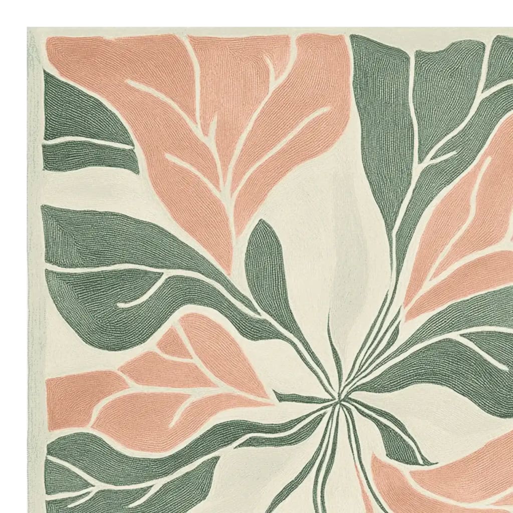 Close-up view of the Botanical Realm Hand Tufted Rug, showcasing an abstract floral pattern in soft peach and green hues. This contemporary area rug is perfect for large living rooms, offering a sophisticated touch to any space. Crafted from wool, this 8x10 rug enhances your decor with its elegant design.