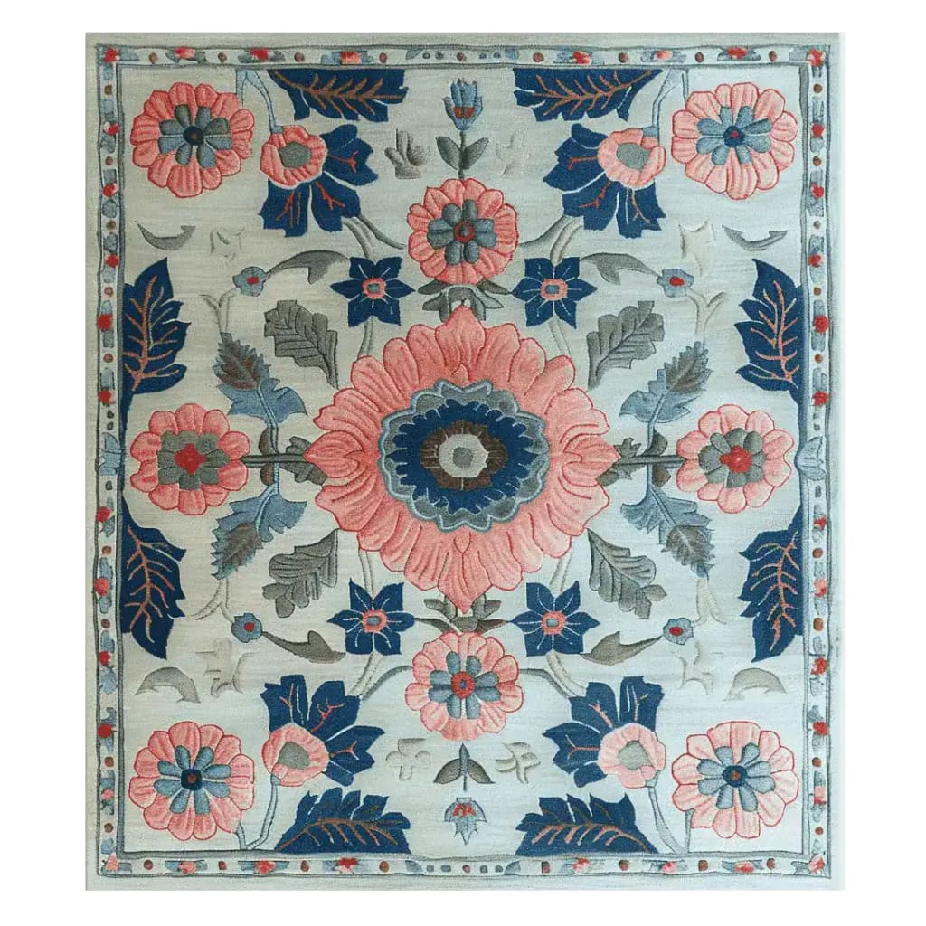 Top view of the Botanical Rhapsody Dream Hand Tufted Area Rug, showcasing a vibrant floral design with pink, blue, and green hues. This wool rug is perfect for adding a touch of elegance to any living room, making it an ideal choice for those seeking a stylish floral rug.