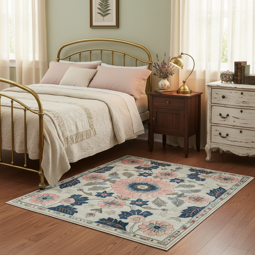 vintage bed room with floral rug
