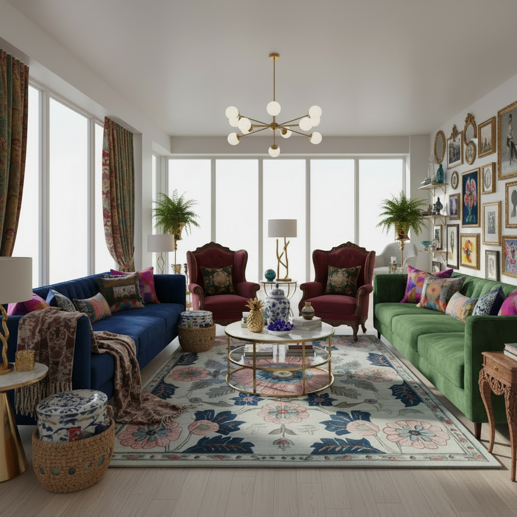 Modern living room with a gray traditional wool rug, colorful furniture and decorative elements.