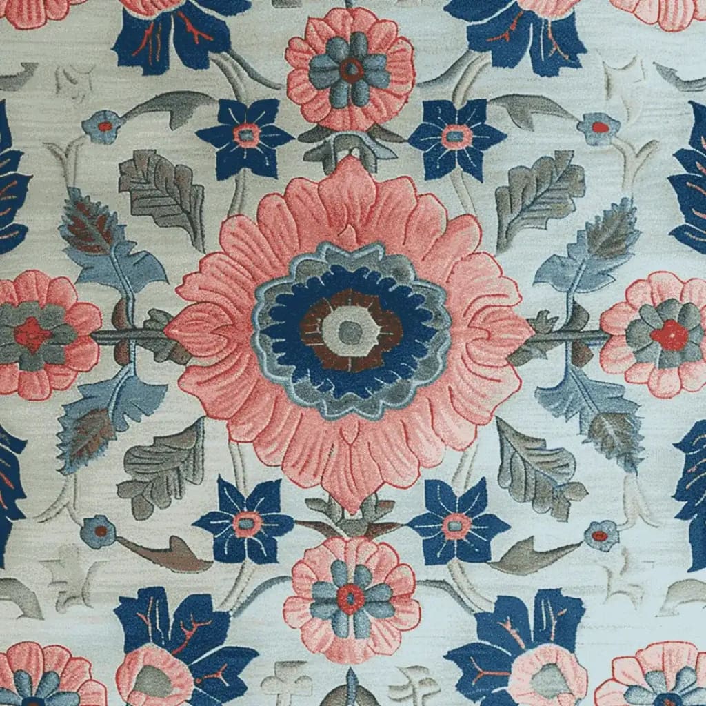 A close-up view of the Botanical Rhapsody Dream Hand Tufted Area Rug, showcasing its vibrant floral design. The rug features intricate patterns with large pink flowers, blue accents, and detailed leaves, making it a perfect wool rug for living rooms.